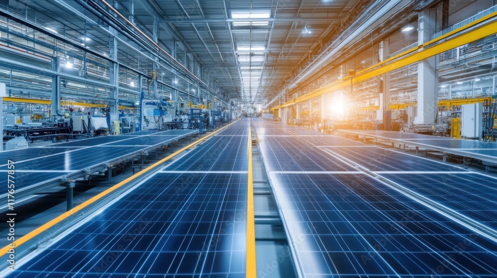 Solar panel factory assembly line. Solar panel factory assembly line.