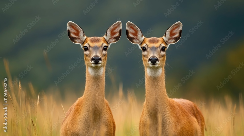 Two alert and curious deer standing amidst the lush untouched grasslands of the Serengeti Two alert and curious deer standing amidst the lush untouched grasslands of the Serengeti