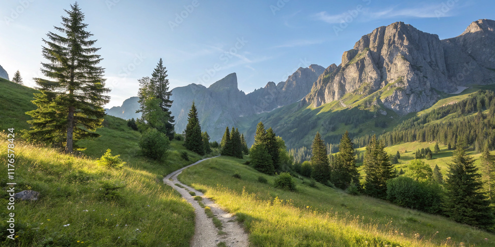 A Scenic Summer Landscape in the Mountains Featuring a Hiking Trail A Scenic Summer Landscape in the Mountains Featuring a Hiking Trail