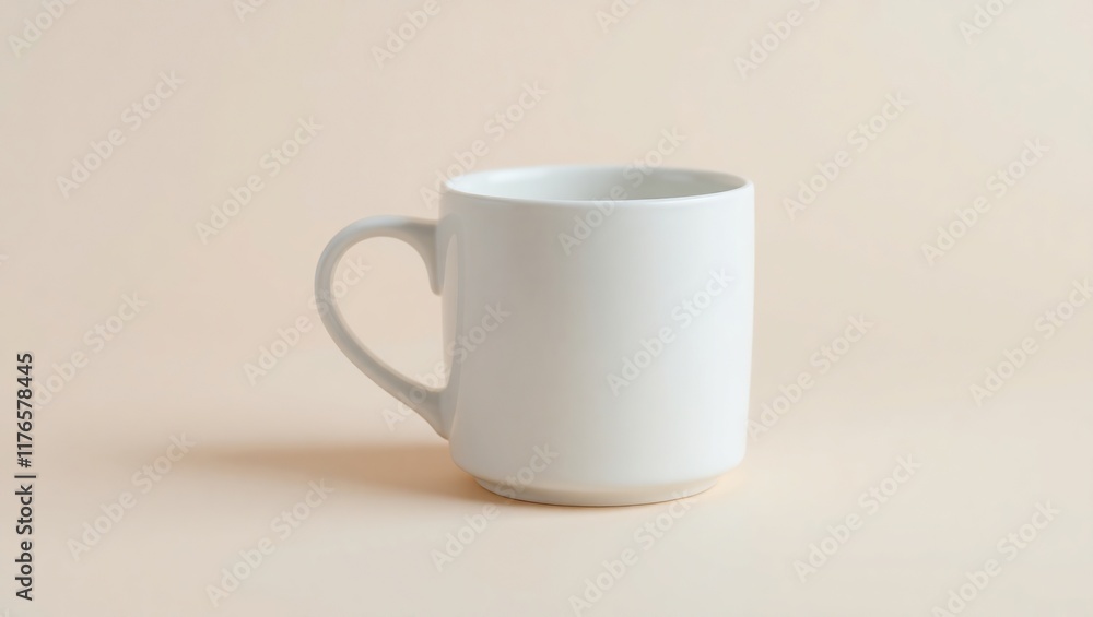 A single white ceramic mug sits on a beige background A single white ceramic mug sits on a beige background