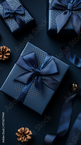 Navy Blue Gift Boxes with Gold Dots and Ribbons