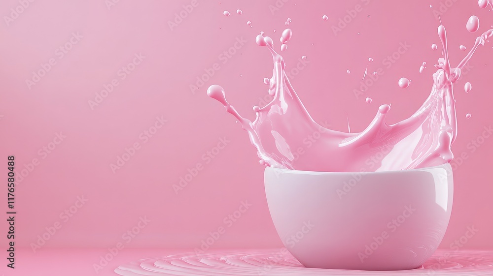 Pink liquid splashing out of white bowl on pink background Pink liquid splashing out of white bowl on pink background
