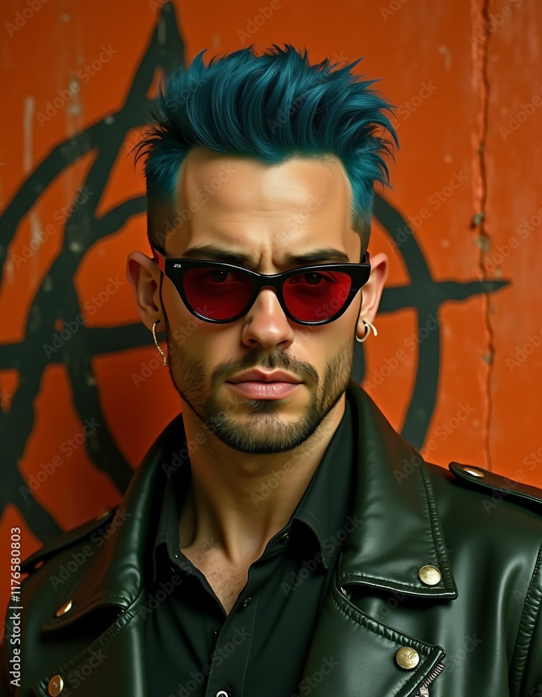 young man giving the impression of a rebel, broad shoulders, smooth facial features, colored hair, rough temperament, sunglasses, colorful leather jacket, dirty wall behind him, a symbol on the wall young man giving the impression of a rebel, broad shoulders, smooth facial features, colored hair, rough temperament, sunglasses, colorful leather jacket, dirty wall behind him, a symbol on the wall