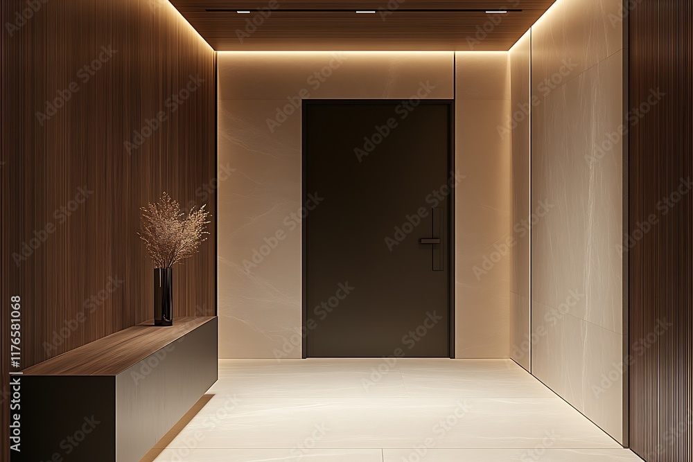 Modern hallway interior showcasing simplicity with elegant design and warm lighting : Generative AI Modern hallway interior showcasing simplicity with elegant design and warm lighting : Generative AI