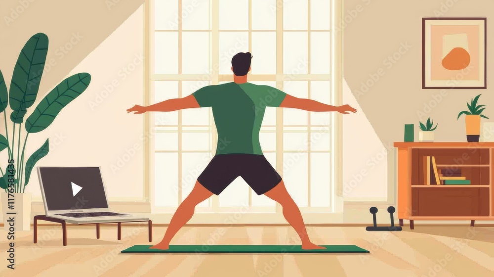 Man Practicing Yoga in a Bright Room with Plants and Equipment Man Practicing Yoga in a Bright Room with Plants and Equipment