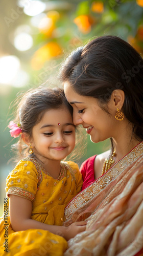 Loving Mother and Daughter in Traditional Indian Attire