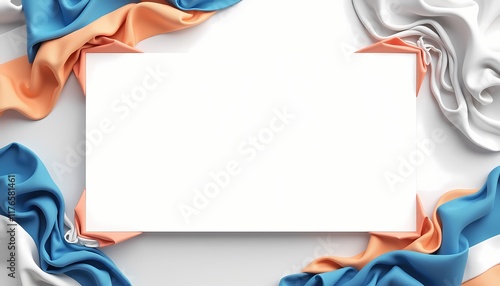 Blank frame with draped satin fabric in orange, blue, and white