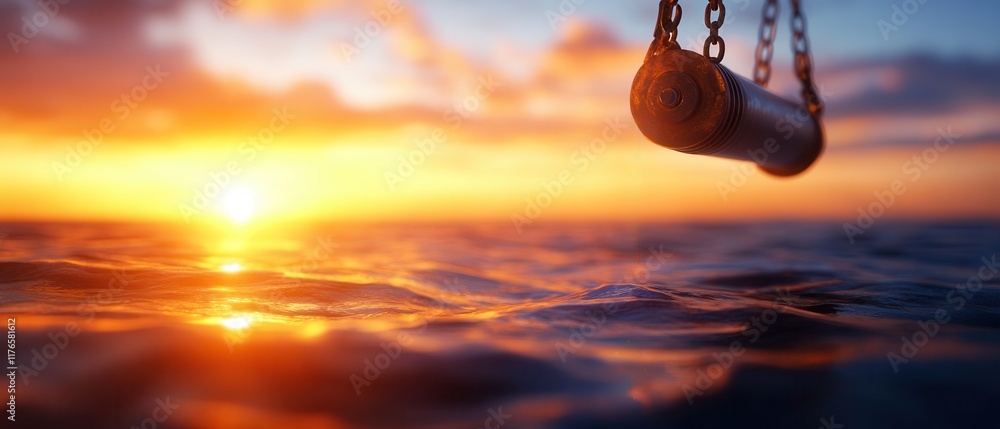 custom made wallpaper toronto digitalA serene sunset over calm ocean waters, with a buoy hanging from chains, creating a tranquil and picturesque maritime scene.