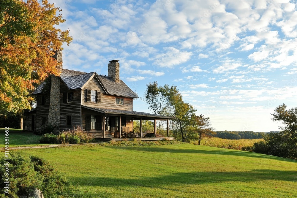 Rustic log house, porch, autumn trees, grassy yard. Rustic log house, porch, autumn trees, grassy yard.