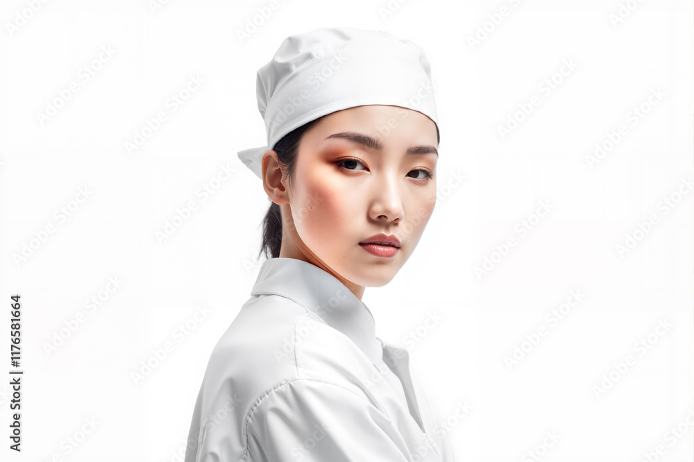 Asian woman wearing white chef uniform posing against isolated clean white background Asian woman wearing white chef uniform posing against isolated clean white background