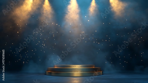 Elegant Gold Podium with Spotlights and Smoke Perfect for Award Ceremonies, Product Launches, or Presentations