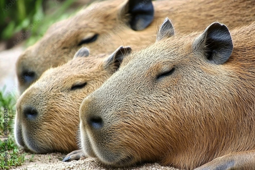 A close-up of a capybara family lounging by a riverbank A close-up of a capybara family lounging by a riverbank