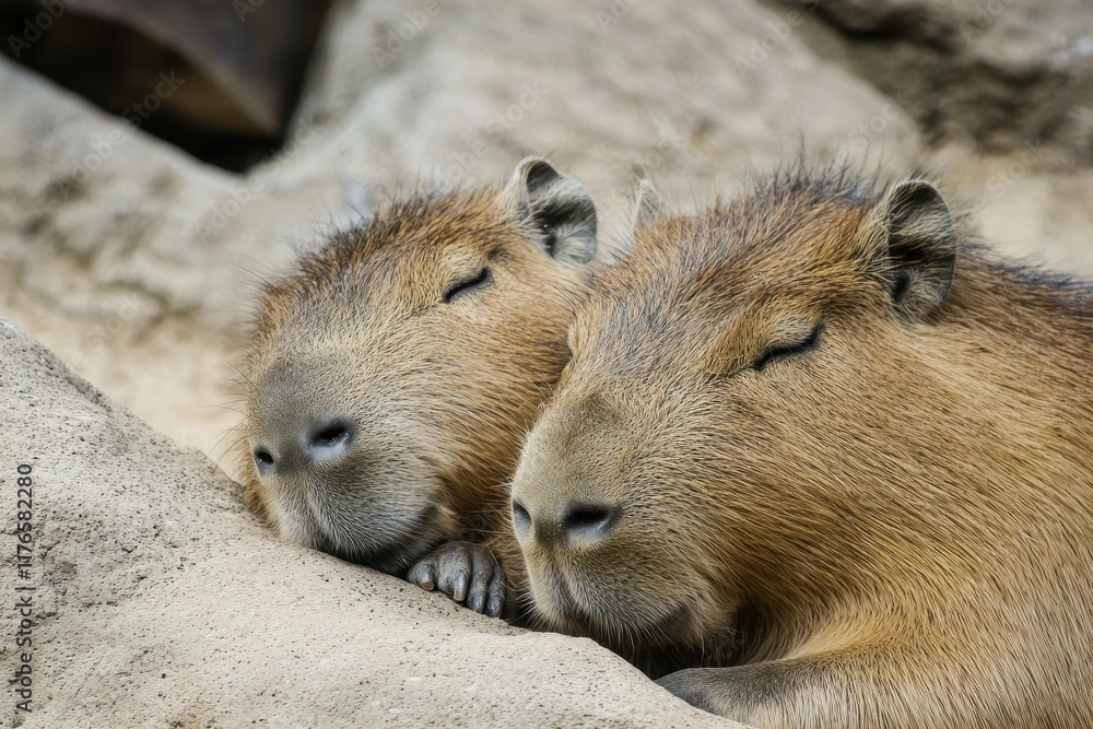 A close-up of a capybara family lounging by a riverbank A close-up of a capybara family lounging by a riverbank