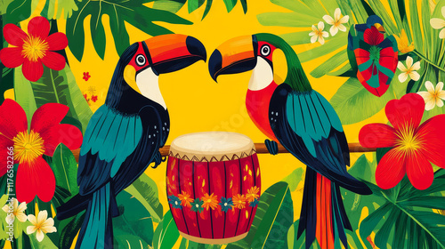 Brazilian Rio carnival party banners. Cartoon toucan and parrot birds, drums, flowers and tropical palm leaves. Vector samba dance and music festival, Rio de Janeiro carnival, national holiday posters photo