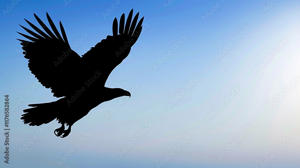 Obraz premium Soaring Bald Eagle Silhouette of a majestic bald eagle soaring in the sky with ample blank space for adding text