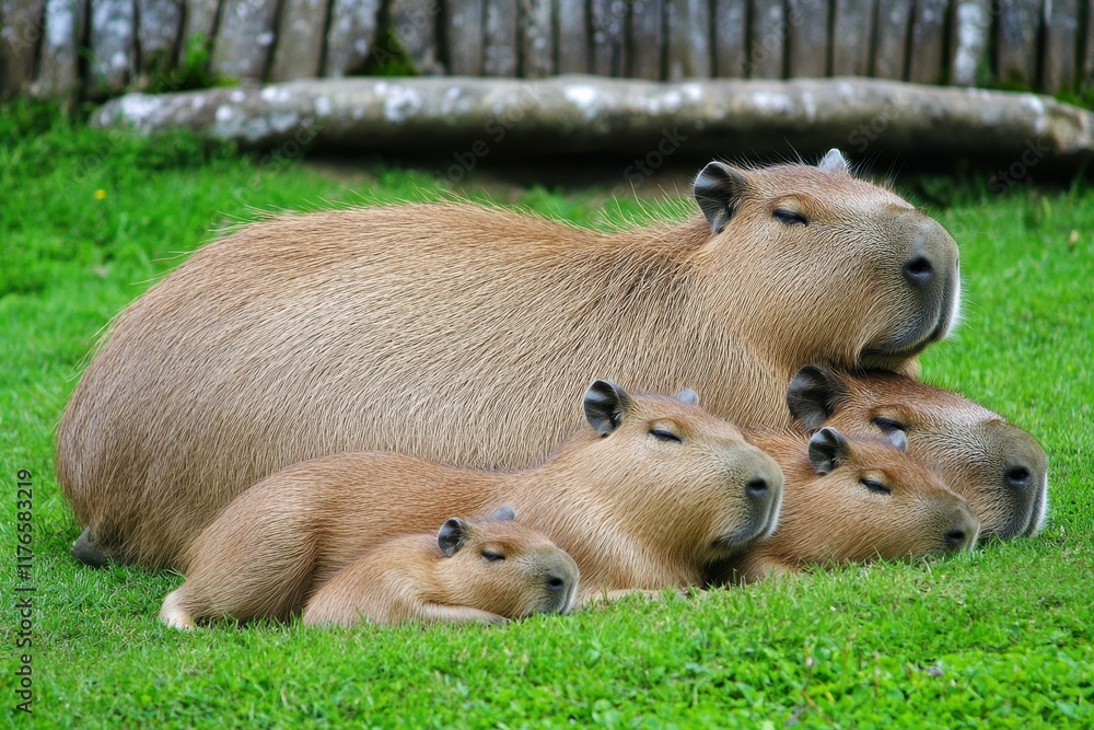 A close-up of a capybara family lounging by a riverbank A close-up of a capybara family lounging by a riverbank
