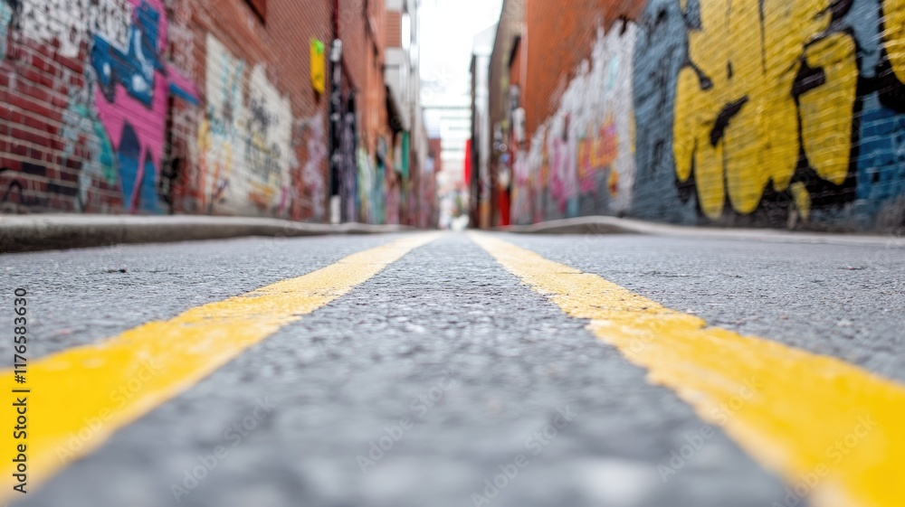 Fototapeta premium Urban alley with colorful graffiti walls and double yellow line on road