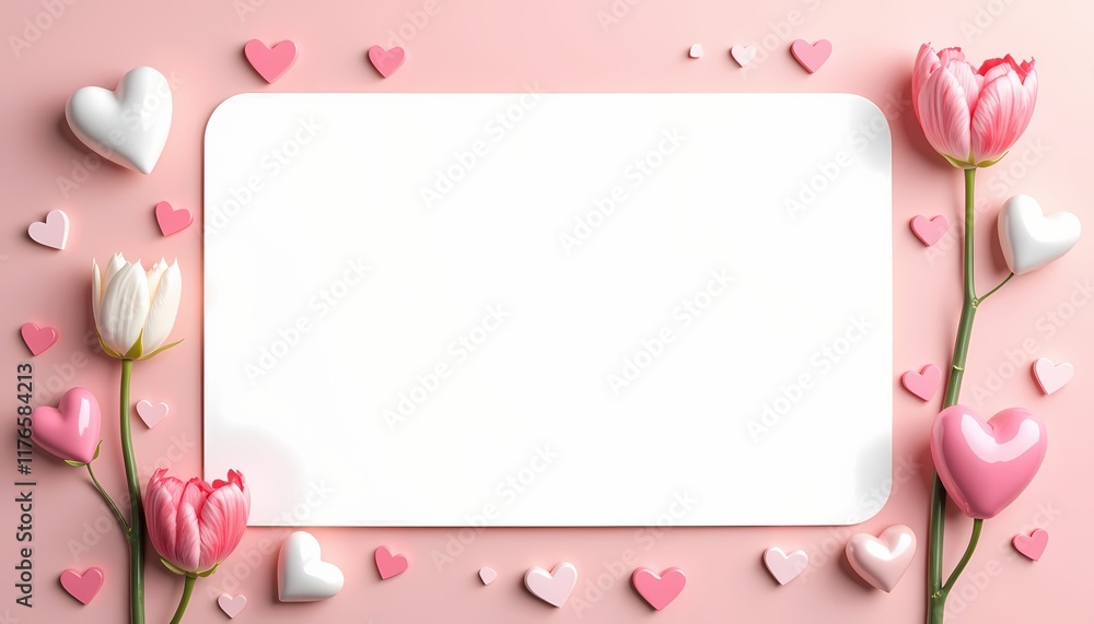 Valentine’s card template with tulips and heart-shaped decor. Valentine’s card template with tulips and heart-shaped decor.