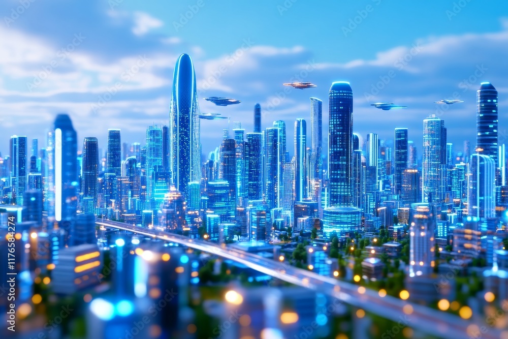 Obraz premium A sleek cityscape with towering glass skyscrapers and flying vehicles in the sky. Generative AI