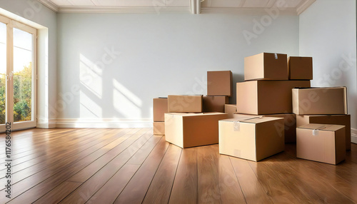 A mountain of cardboard boxes in a beautiful room. A room with light shining through the window and cardboard boxes. photo