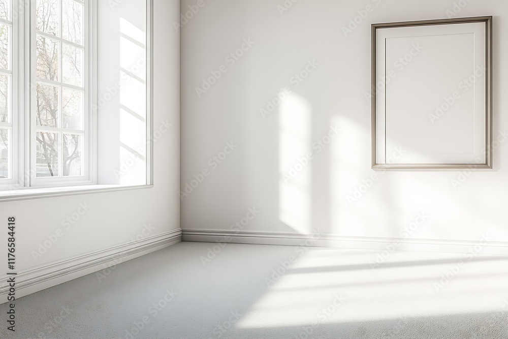 Fototapeta premium Minimalist room with single empty frame and natural light streaming through large windows : Generative AI