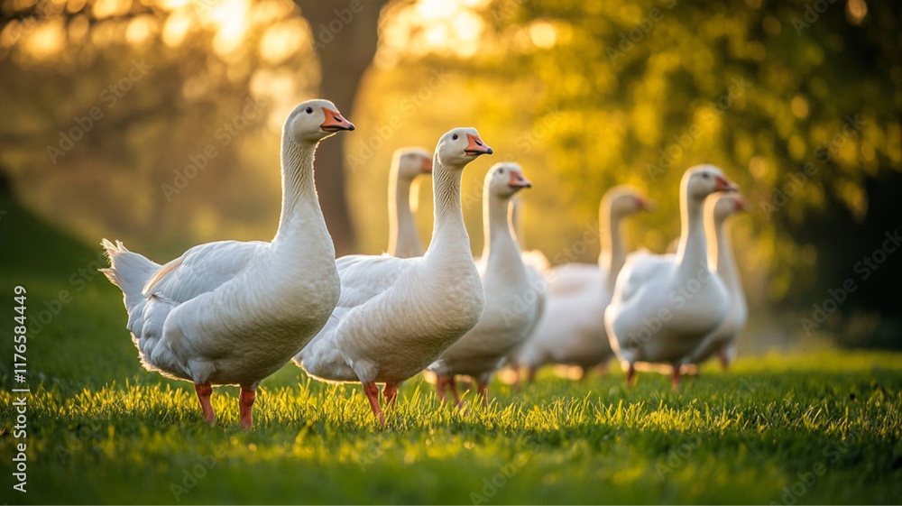 A group of white geese walking on a grassy field with a blurred background of autumn foliage A group of white geese walking on a grassy field with a blurred background of autumn foliage
