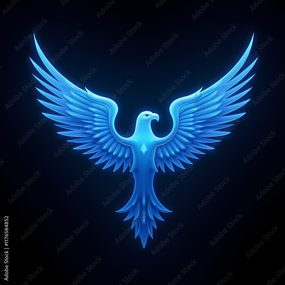Fototapeta premium Glowing blue phoenix with sleek wings on a dark background.