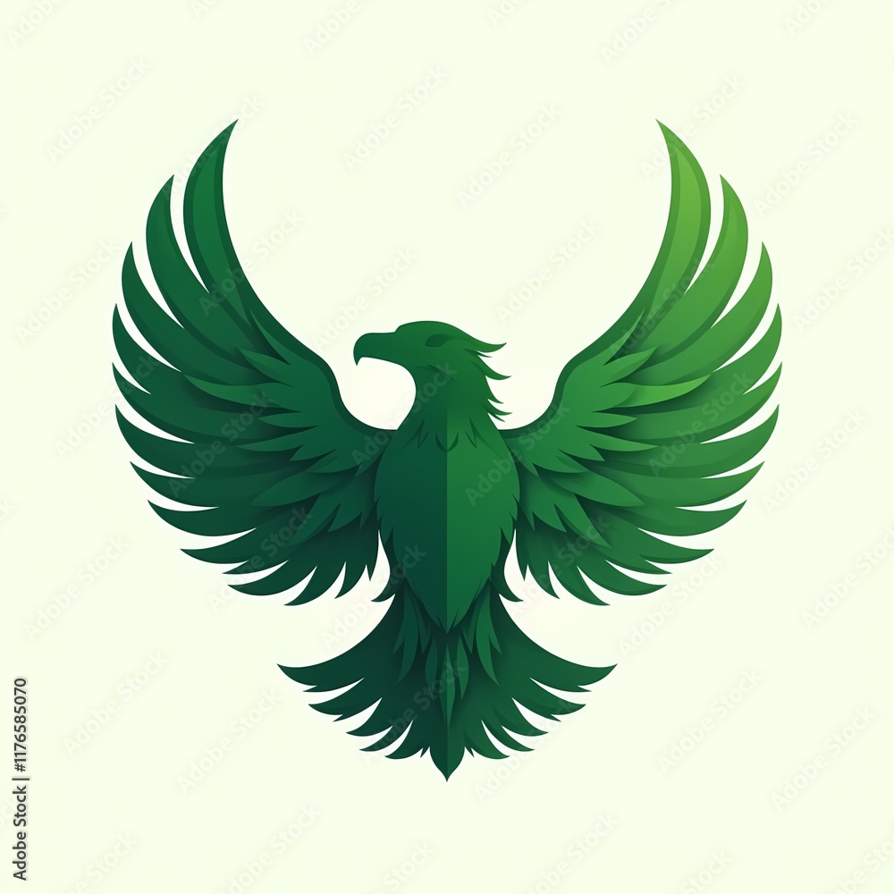 Fototapeta premium Green phoenix with spread wings on a pale background.