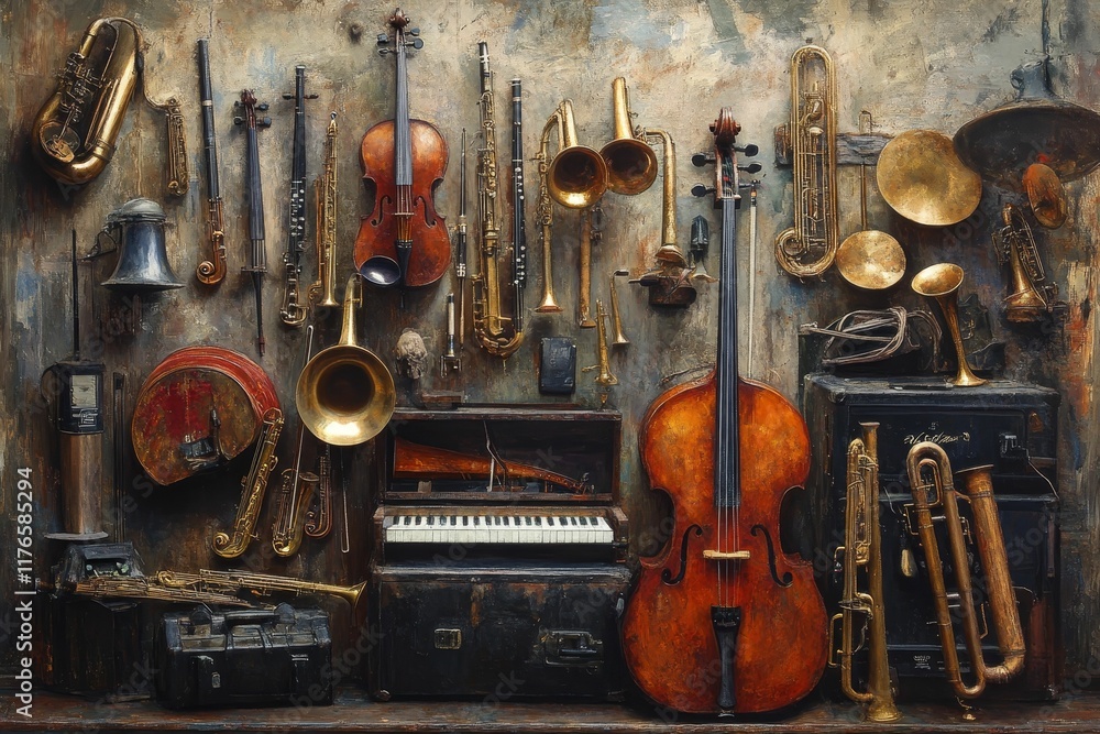 Naklejka premium Vintage musical instruments arranged on wall.