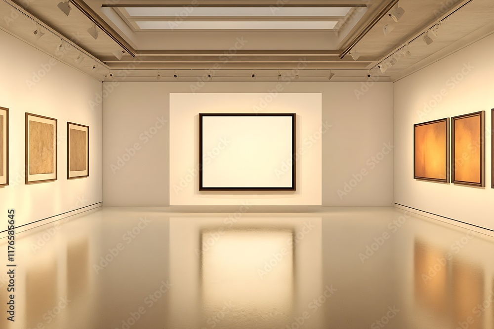 Modern Minimalist Art Gallery Interior with Blank Frame and Reflective Flooring : Generative AI Modern Minimalist Art Gallery Interior with Blank Frame and Reflective Flooring : Generative AI