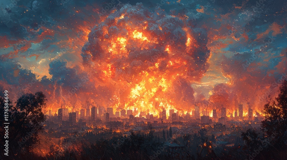 Massive fiery explosion over burning city skyline at sunset. Massive fiery explosion over burning city skyline at sunset.