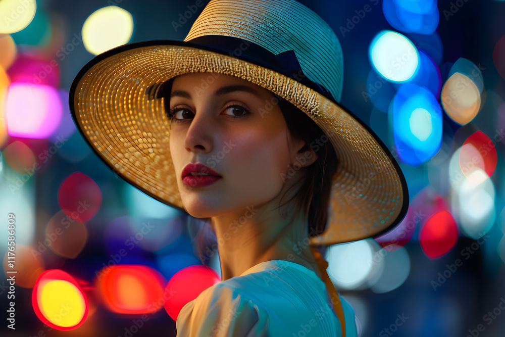 Elegant Woman in Stylish Wide-Brimmed Straw Hat Posing Under Bright City Lights with Vibrant Urban Background Elements Elegant Woman in Stylish Wide-Brimmed Straw Hat Posing Under Bright City Lights with Vibrant Urban Background Elements