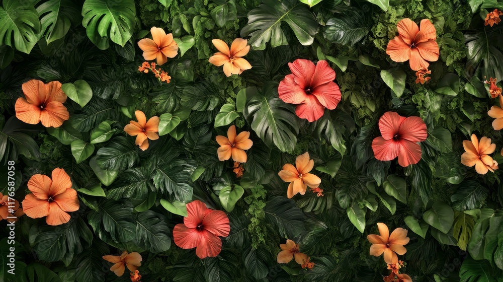 Fototapeta premium Exotic Tropical Rainforest Paradise with Vibrant Hibiscus Flowers Seamless Background