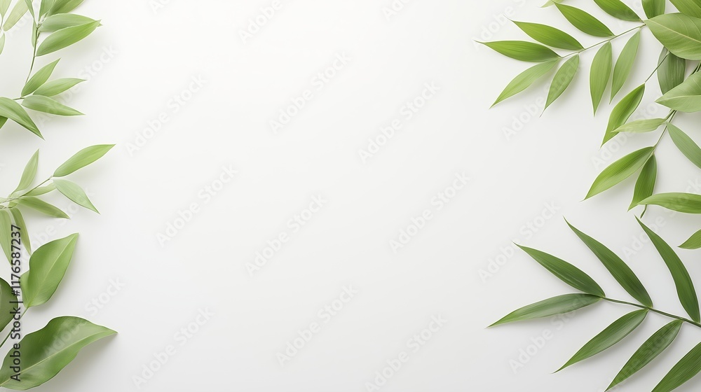 Fototapeta premium Bamboo leaves on a white backdrop with copy space image.