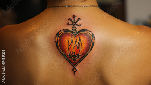Mexican sacred heart tattoo and symbol of Mexico culture and religion art, vector icon. Sacred heart with burning fire flame or Corazon Milagro Mexican religious sign of Jesus and God love