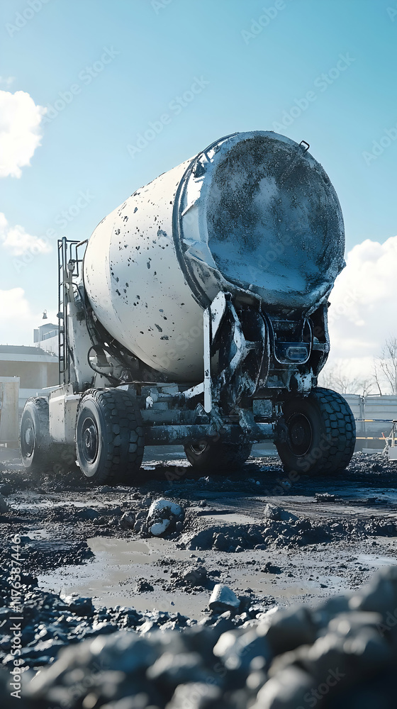 Realistic Image of a Dirty Cement Mixer Truck on a Construction Site Realistic Image of a Dirty Cement Mixer Truck on a Construction Site