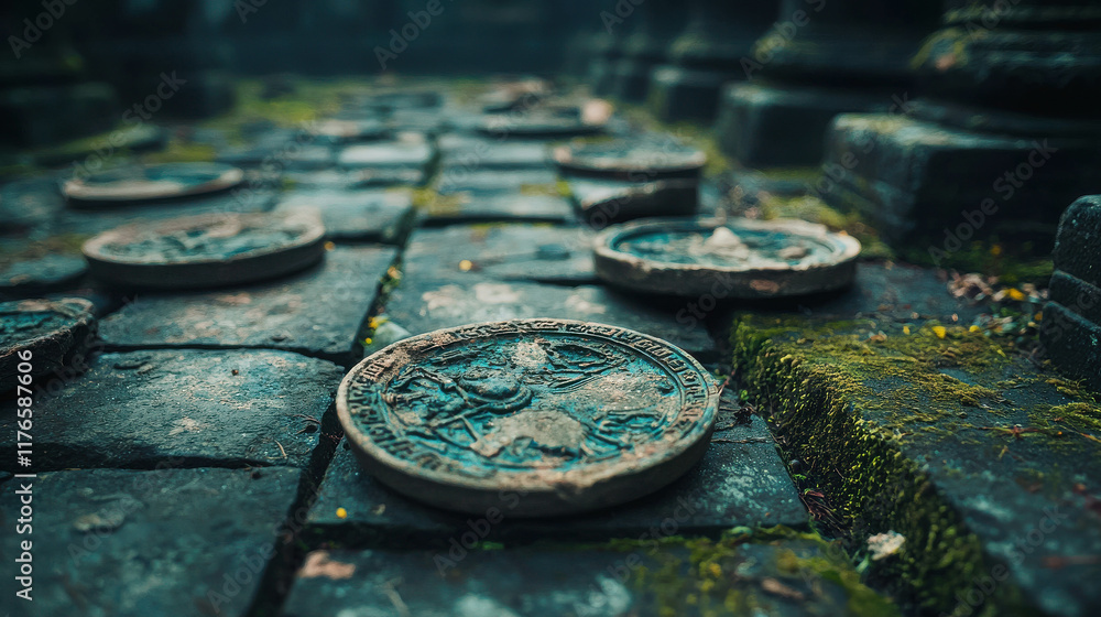 Shattered Pieces of Ancient Pottery Among Moss-Covered Stones in Mysterious Location Shattered Pieces of Ancient Pottery Among Moss-Covered Stones in Mysterious Location
