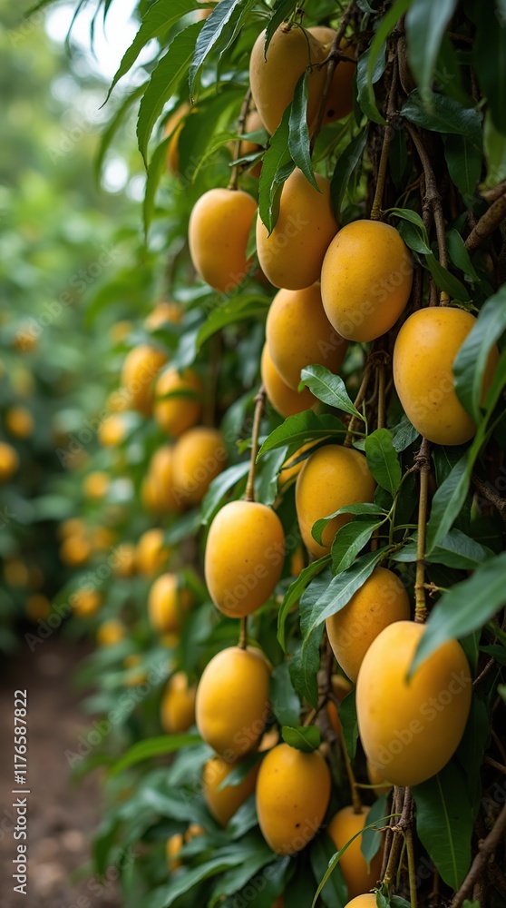 Golden Yellow Mangoes Hanging on Lush Green Trees in a Vibrant Orchard Golden Yellow Mangoes Hanging on Lush Green Trees in a Vibrant Orchard