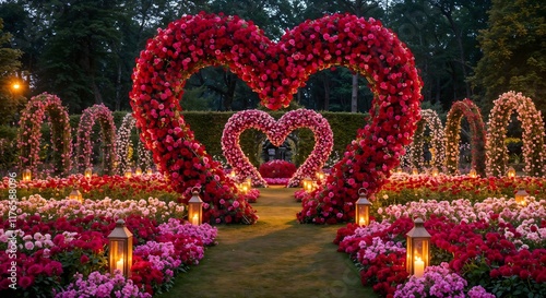 Fototapeta Naklejka Na Ścianę i Meble -  Romantic heart shaped rose arch with glowing lanterns, surrounded by colorful flowers and greenery in a serene garden, perfect for weddings - proposals, anniversaries or Valentine's Day decor