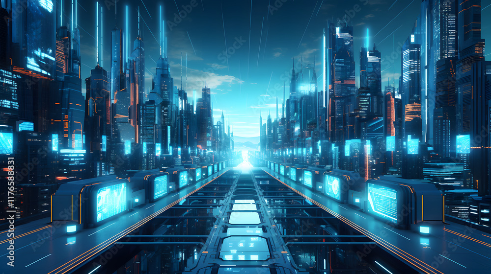 Fototapeta premium digital green and blue cyberpunk city graphics poster background