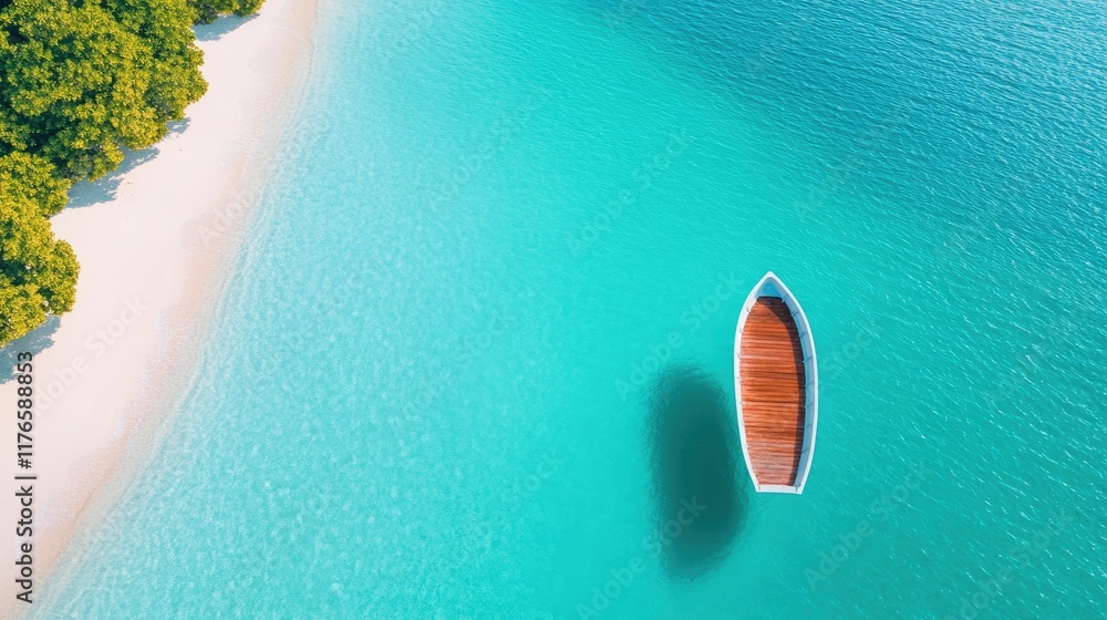 Obraz premium Serene Tropical Beach Escape with Idyllic Turquoise Waters and Wooden Boat Relaxing Holidays in Picturesque Coastal Getaway with Palm Trees and Natural Tranquility