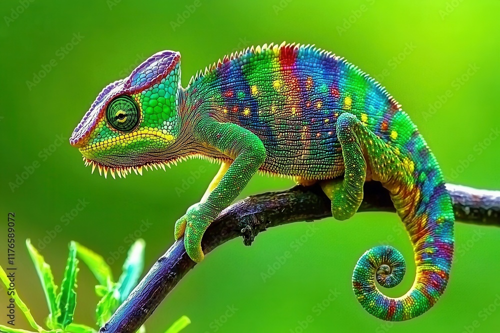 A close-up of a chameleon on a branch, displaying its vivid colors A close-up of a chameleon on a branch, displaying its vivid colors