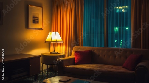 Modern hotel room in New York city - with a window night view and sofa