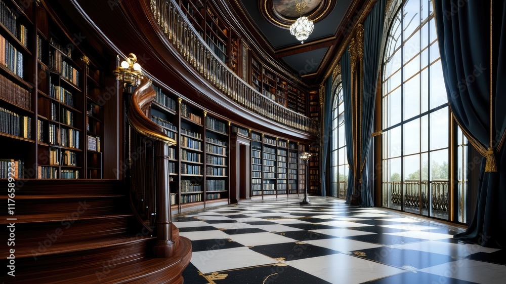 Obraz premium Elegant, grand library with wooden shelves, checkered floor, and large windows