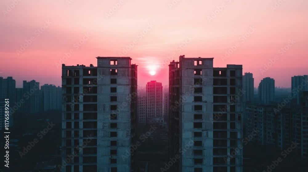 Fototapeta premium Dramatic Twilight Skyline of a Modern Bustling City with Towering Skyscrapers and Illuminated Residential Highrise Buildings Reflecting the Vibrant Urban Landscape During a Scenic City Break or Urban
