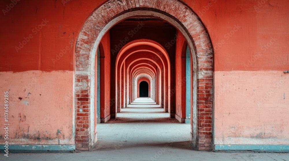 Fototapeta premium Symmetrical Brick Archway Corridor in Abandoned Urban Historic Structure Architectural Perspective of Mysterious Abandoned Landmark for and Discovery