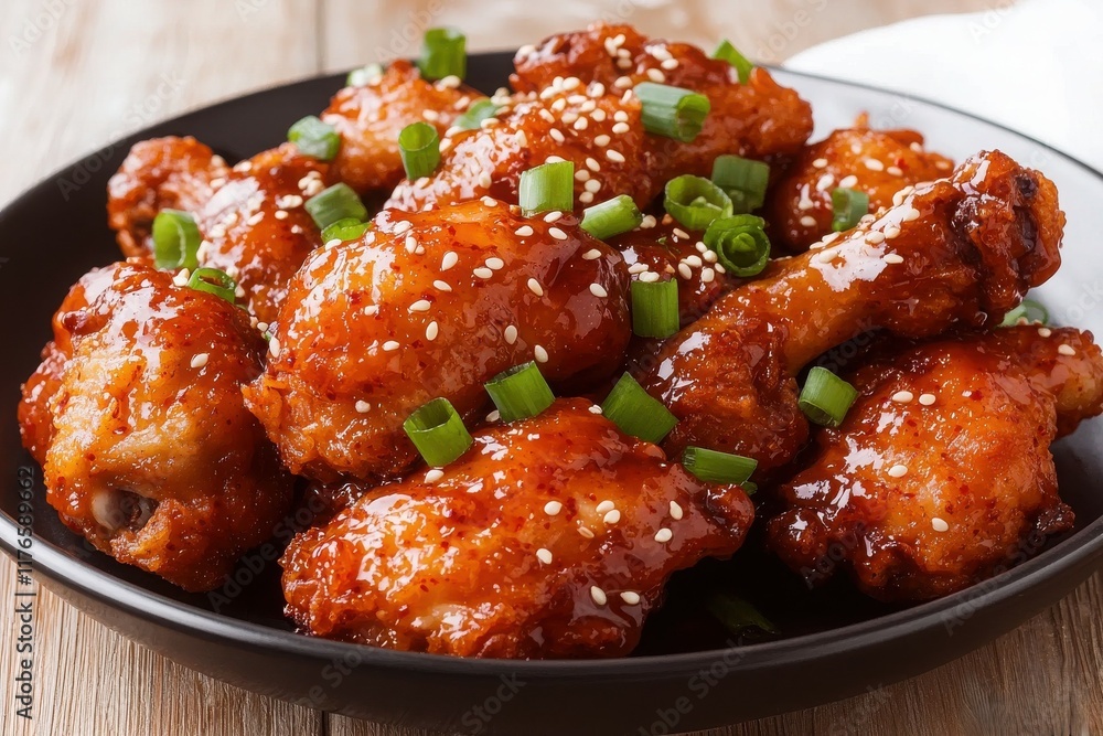 Deliciously spicy chicken wings garnished with green onions and sesame seeds. Deliciously spicy chicken wings garnished with green onions and sesame seeds.