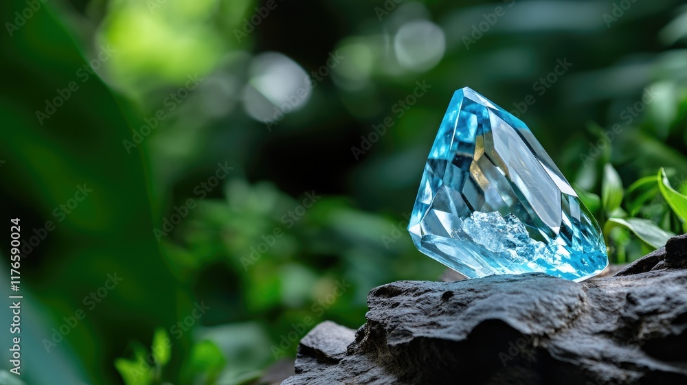 Obraz premium Clear blue gemstone displayed in lush green environment