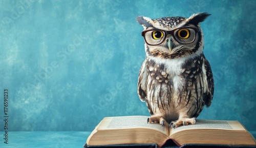 Wallpaper Mural Owl with blue glasses reading a book on a turquoise background, Torontodigital.ca