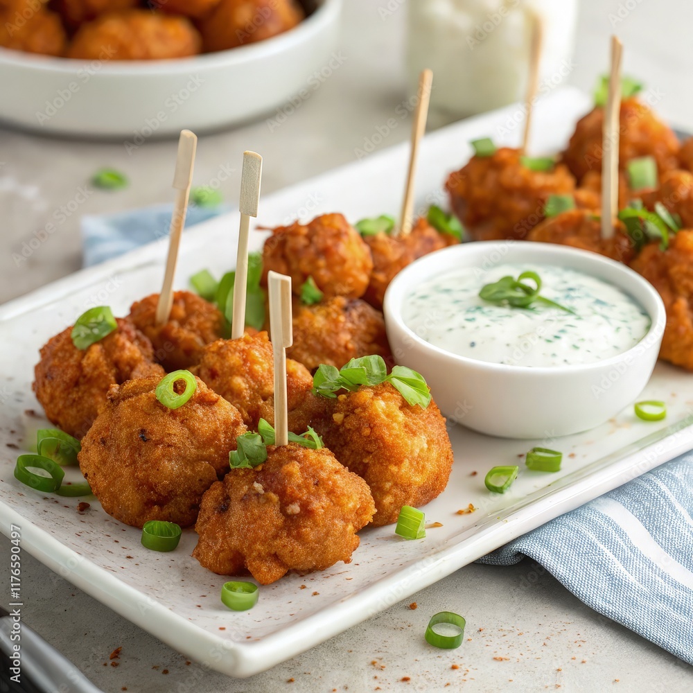 Buffalo Cauliflower Bites Served With Dipping Sauce on a Platter. Generative AI Buffalo Cauliflower Bites Served With Dipping Sauce on a Platter. Generative AI